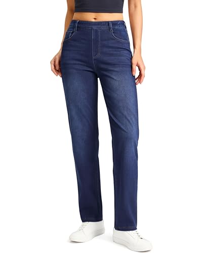 Rammus Straight Leg Jeans for Women Stretchy Pull on Sweatpant Jean Trendy Tummy Control High Waisted Denim Pants