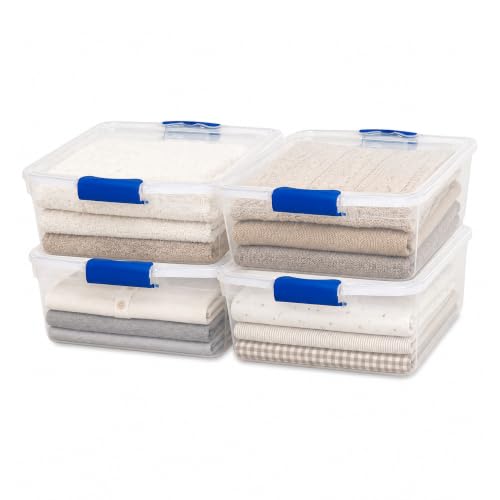 HOMZ 4-Pack 15.5 Quart Latching Lid, Clear Plastic Storage Organizer Bins, Blue &ndash; Stackable...