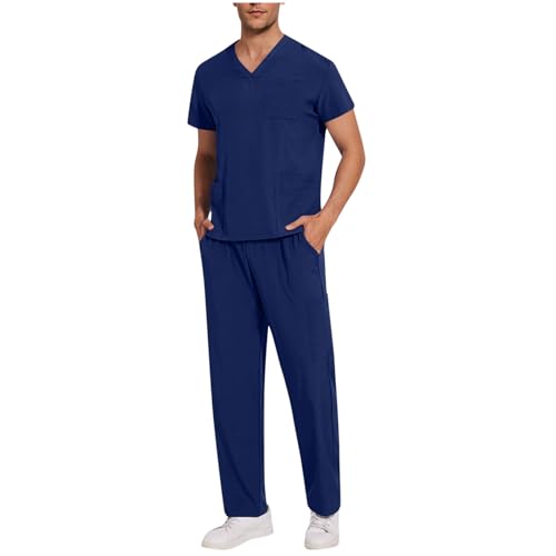 Scrubs Set for Men Nurse Uniform Classic V-Neck Stretch Top & Jogger Pants with Multi Pocket for Nurse Workwear