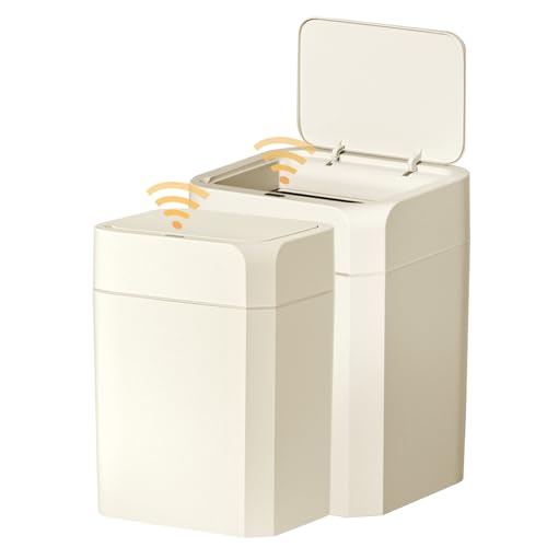 ELPHECO Bathroom Trash Can with Lid 2 Pack Motion Sensor Slim Garbage Can Waterproof Smart Small Trash Bin for Bathroom, Kitchen, Office, Bedroom, Living Room, Toilet (Cream Beige, 3.5 + 4.5 Gallon)
