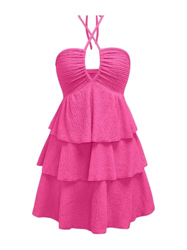 Image of Verdusa Women's Wedding Guest Babydoll Halter Dress Tiered Layered Textured Backless Flowy Short Summer Dress