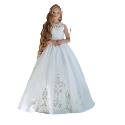 Satin Flower Girl Dresses for Wedding Lace Appliques Sleeveless Pageant Dress Girls Ball Gown Party Evening