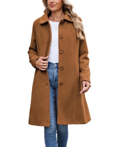 Image of UANEO Womens Pea Coat Faux Wool Single Breasted Long Trench Coat Peacoat Dress Coat Winter (Caramel-M)