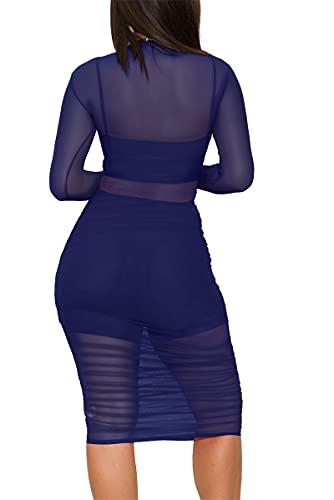Image of Atyfuniby Women's Sexy 3 Piece Outfits Mesh See Through Ruched Midi Dresses + Crop Tank Tops + Skinny Shorts Sets Clubwear