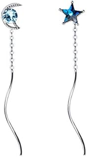 FarryDream 925 Sterling Silver Crystal Earrings Helix Earrings for Women Star Moon Tassel Earrings Drop Threader Earrings Chain