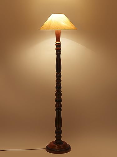 Image of Off-White Coolie Cotton Floor Lamp with Wooden Base - Height 53 Inches | Modern Standing Lamp for Living Room, Bedroom & Office | Elegant Home Lighting & Decorative