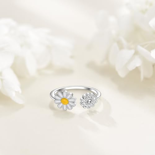 AOBOCO Daisy Open Adjustable Ring 925 Sterling Silver Flower Ring for Women Wedding Statement Finger Rings Comfort Fit Dainty Engagement Birthday Mother's Day Jewelry Gift3