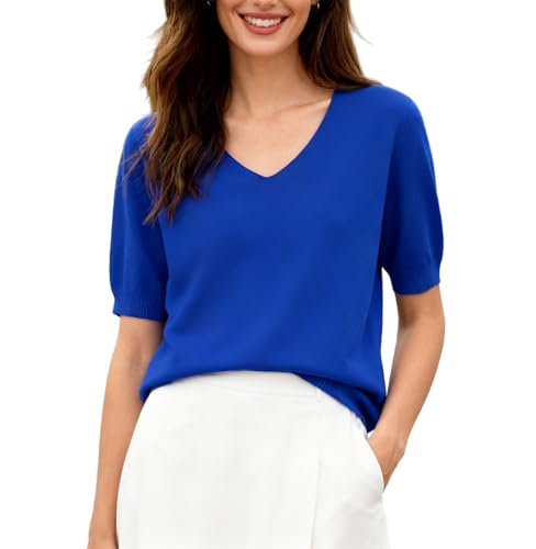 Image of SANGTREE Women's Short Sleeve Sweaters V Neck Casual Knit Pullover Tops | Perfect as a lightweight sweater for spring /summer or as a layering piece. Ideal for office, daily, holiday, home etc