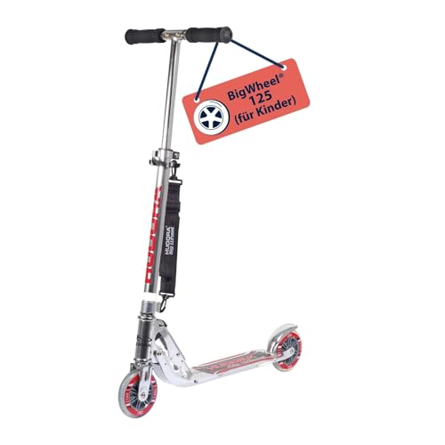 HUDORA BigWheel 125 Scooter I Sicherer & hochwertiger Aluminium-Roller für Kinder I Höhenverstellbarer & zusammenklappbarer Cityroller für bis zu 100kg I Stabiler Tretroller mit Tragegurt - silber
