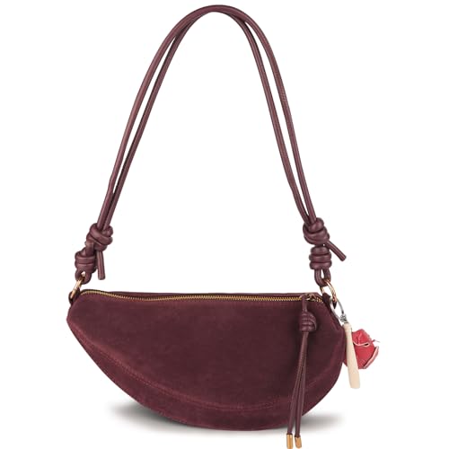 Image of Small Suede Dumpling Crossbody Bag for Women, Hobo Shoulder Purse with Cute Baseball Charms & Adjustable Strap