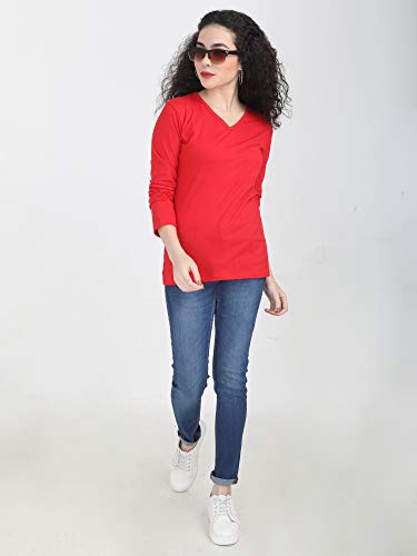 Image of FLEXIMAA Women's Cotton Plain V Neck Full Sleeve T-Shirt