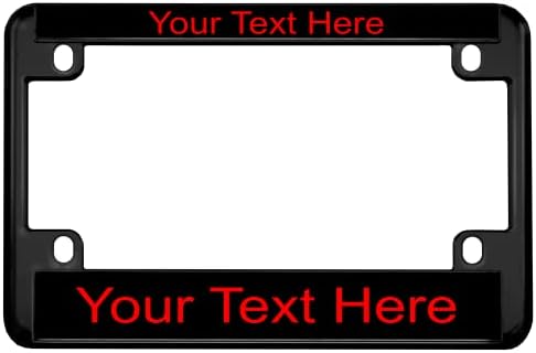 Motorcycle Personalized Black Metal Laser Engraved Standard USA Size (4”x 7”) with Custom Text Design - Moto License Plate Frame - Black/Red Text