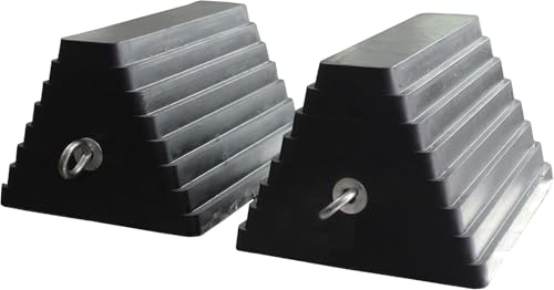 Image of MaxxHaul Rubber Wheel Chock 2 Pack, Large 10 inch x 8 inch x 6 inch Heavy Duty Tire Stop with Non Slip All Weather Grip, Oil Resistant Rubber Block with Steel Eyebolt for Vehicle and Trailer Safety (80681)