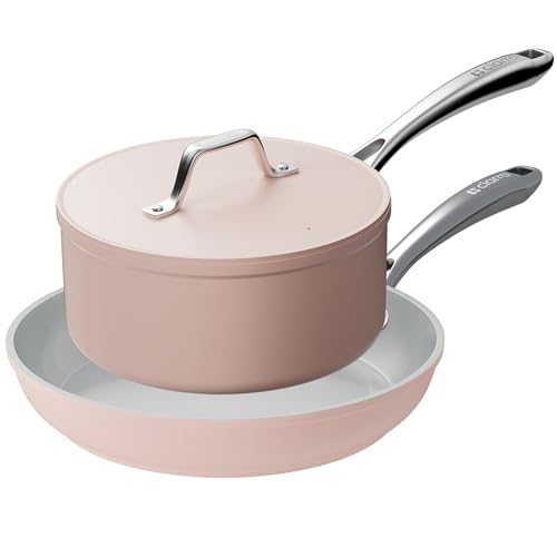 CIARRA Beyond Cookware Nonstick Ceramic Frying Pan 26cm&Sauce Pan 20cm Non Toxic PTFE&PFOA Free Oven Safe Compatible with All Stovetops Pink