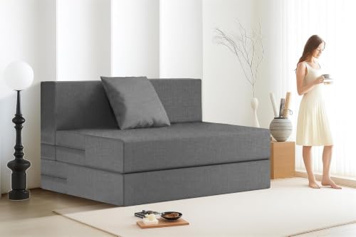 Image of Rosebell One-Person Foldable Sofa Cum Bed | Jute Fabric | 3x6 Ft | Lightweight & Comfortable with One Cushion | Perfect for Home & Office-Grey