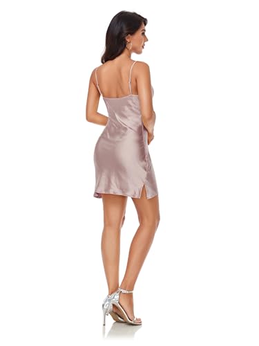 Image of Womens Spaghetti Strap Mini Satin Silk Sexy Dresses Slip Cowl Neck Side Slit Cami Cocktail Evening Dress