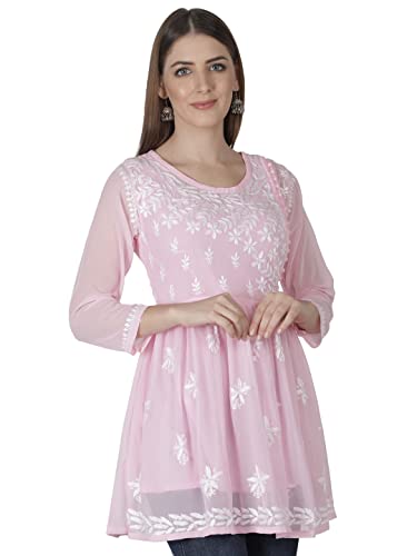 Image of Seva Chikan Hand Embroidered Lucknowi Chikankari Angarkha Georgette Top with Slip for Women SCL4041