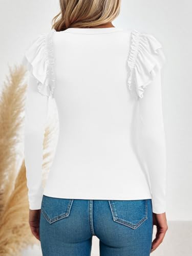 Image of Tankaneo Womens Ruffle Long Sleeve Shirts Fitted Ribbed Knit Tops Fall Casual Crew Neck Tees
