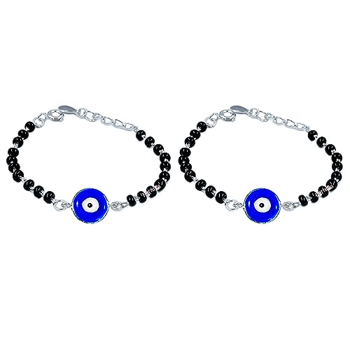 Image of Parnika (Formerly MJ 925 Traditional Silver & Black Crystals Baby Nazariya Kids Silver Bracelet in Pure 92.5 Sterling Silver for Kids - One pair