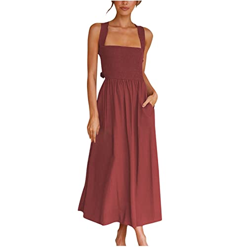 Cocktailkleid Damen Maxikleid Sommer Casual Square Neck Halter Abendkleid Lang Smocked Kleid Tie Back Rückenlos Ärmellose Maxi langes Kleid mit...