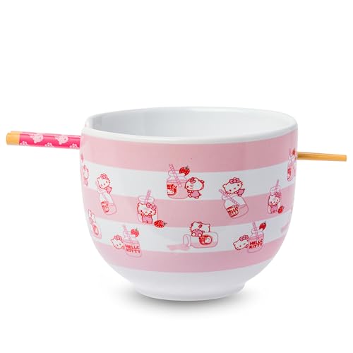 Silver Buffalo Sanrio Hello Kitty Strawberry Milk Pattern Ceramic Ramen Noodle Rice Bowl with Chopsticks, Microwave Safe, 20 Ounces