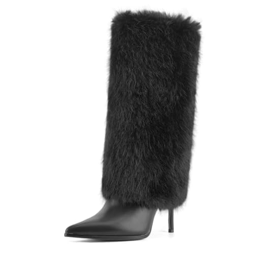 QIV Black Fur Knee High Boots women Pointed Toe Stiletto Winter Fashion Tall Boot for Women Size 10 by QIV - Used condition - US$19.52