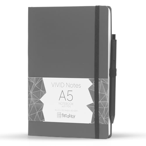 Image of Kitabby VIVID Notes A5 Hard Bound Notebook with Pen - Grey | Elastic Band & Pen Loop, 192 Pages, 80gsm Natural Shade Paper, Polymer Coated Paper Cover