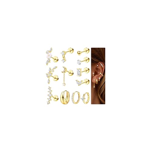 Florideco Gold Flat Back Earrings for Women | 20G Hypoallergenic Surgical Steel Stud and Hoop Earring Set - Cartilage Jewelry for Tragus Helix Daith Conch - Multiple Piercing Ear Stack Set 12 PCS(Single)