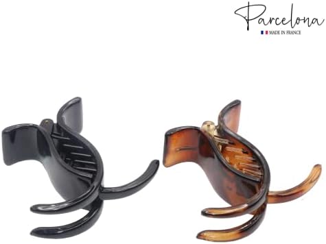 Parcelona French Small Three Teeth Pony Fish Style Strong Grip Jaw Hair Claw Clip Clamp (Tortoise Shell and Black)