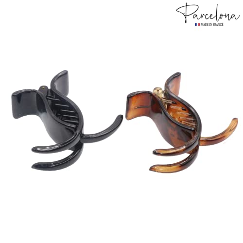 Parcelona French Small Three Teeth Pony Fish Style Strong Grip Jaw Hair Claw Clip Clamp (Tortoise Shell and Black)