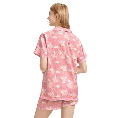Image of Funny Pajamas for Women Set Print Satin Loungewear Pjs Short Sleeve Button Down Top and Shorts Sets Sleepwear XS-3XL