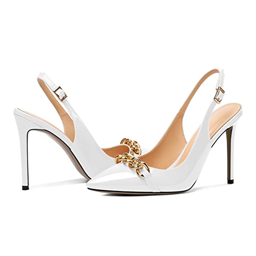 Mettesally Women's High Heels Slingback Pointed Toe Heeled Pumps Ankle Strap Stilettos Metal Chain Dressy Wedding Party Shoes4