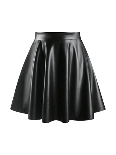 SOLY HUX Damen Rock Elegant PU Lederrock Knielang Skater Rock Faltenrock Y2K Partyrock Freizeitröcke mit Hohe Taille Schwarz L