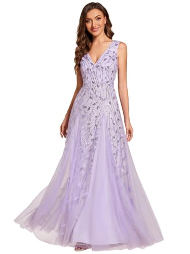 Image of Ever-Pretty Women's Prom Dresses V Neck Sleeveless Tulle Hem A-Line Sequins Maxi Ball Gowns 02130