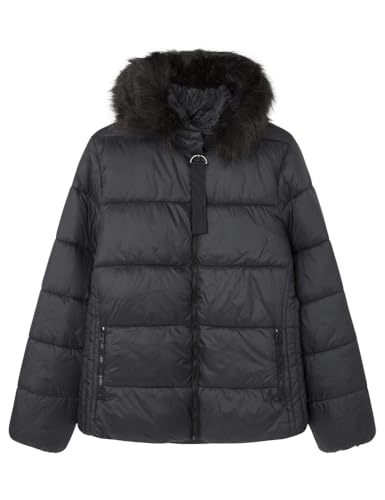 Springfield Chaqueta Corta con Bolsillos y Capucha con Pelo en Borde Acolchada Sorona Aura Repelente al Agua, Negro Estandar, S para Mujer