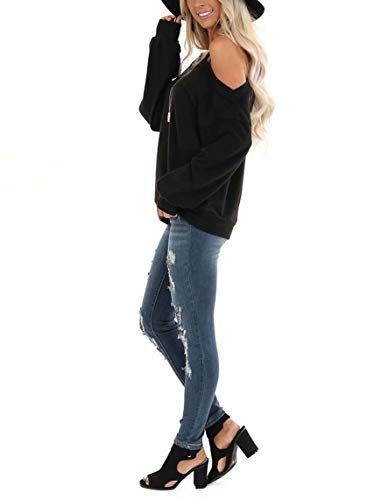 Image of Ezbelle Womens Sweaters Oversized Long Sleeve Cold Shoulder Tops Shirt Tunic Sweatshirt
