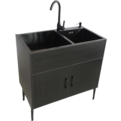 Évier De Service Noir/Blanc À Double Fente, Meuble De Salle De Bain Avec Lavabo, Évier De Cuisine Professionnel Pour Restaurant, Ensemble De Meubles Muraux Avec Étagères -Black Pull-out-78*43cm