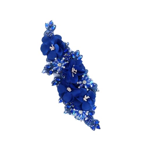 Handmade 3D Flower Embroidery Applique, Rhinestone Applique for Clothes, Beaded Sewing Lace Patches for Wedding Dress, Bling Fabric Embellishment for Hat, Hairband (Royal Blue)