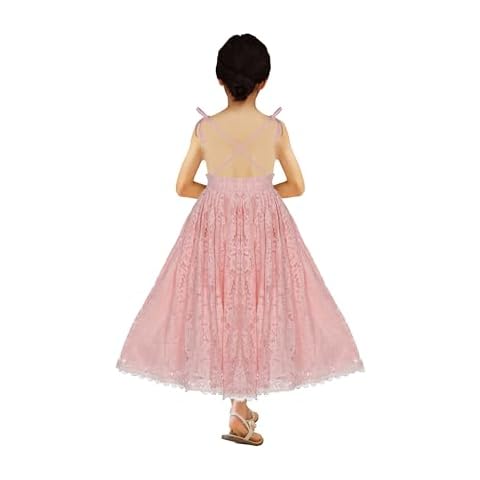 Everweekend Flower Girl Dress for Wedding, Girls Boho Lace Twirly Party Dresses, Kids School Dance Fancy Maxi Long Dress (Pink Lace Backless, 5-6 Years) Cover