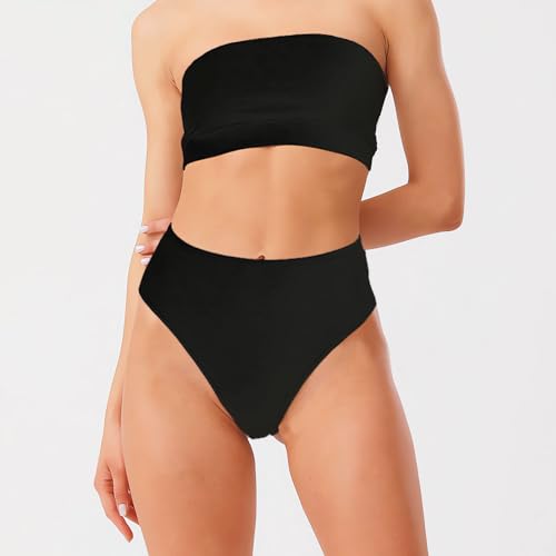 Womens Black Bandeau Bikini Set Strapless High Waisted Two Piece Swimsuit Tummy Control Bathing Suits OneSize 2-84