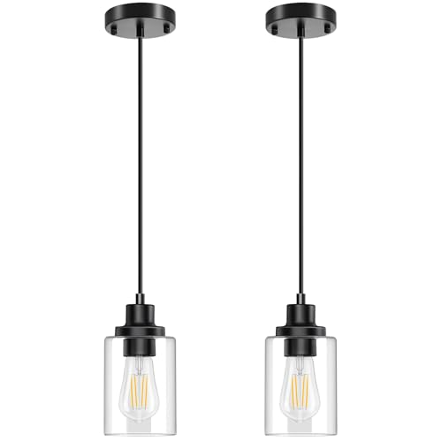2 Pack Black Pendant Lights Kitchen Island, Glass Hanging Light Fixtures