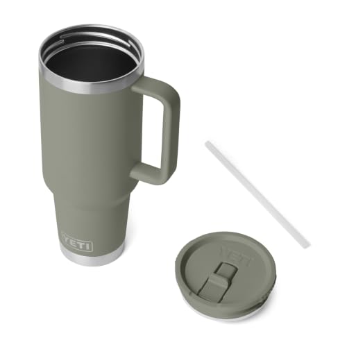 Image of YETI Rambler 40 oz Travel Mug with Flip Straw Lid - Stainless Steel, Vacuum Insulated, Leakproof, Cup Holder Friendly, Pampa Green