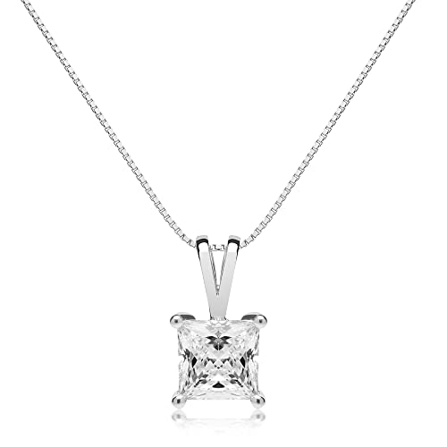 14K Solid White Gold Pendant Necklace | Princess Cut Cubic Zirconia Solitaire | 1 Carat | 18 Inch Box Link Chain | With Gift Box #TOP3