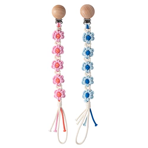 Symbolife Pacifier Clip For Boys Girls Floral Daisy Macrame Paci Clip Pacifier Holder Leash Boho Wooden Clips Handmade Braided Cotton Unisex Baby Shower Birthday Gift Christmas Gift #TOP19