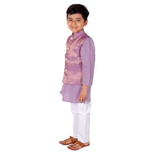 Image of Superminis Boy's Cottton Kurta Cotton Brocade Printed With Golden Thread Work Nehru Jacket and Elastic Closure Pyjama Set