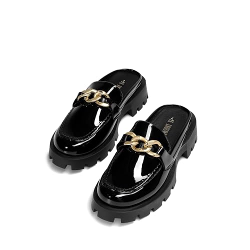DREAM PAIRS DREAM PAIRS Mules for Women Slip On Shoes Platform Thick Comfortable Women’s Chunky Flat Slides Slippers Loafers,Size 7,Black-Pat,SDML2326W