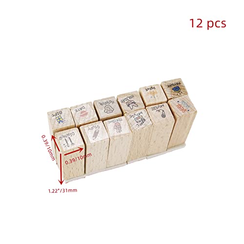 Wdonay Wood Stamps Set Rubber Mini Cute Stamp Diary Life Printed Decoration For Kids Painting Diy Craft Letter Journal Handbook Scrapbook Décor (Set Of 12) #TOP2
