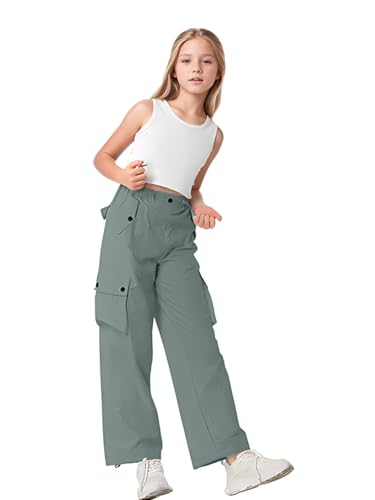 Image of HENGAO Girls Cargo Pants Parachute Casual Jogger Y2K 5-14 Years | Kids Baggy pants Parachute, Drawstring, with Pockets, Elastic High Waist, Loose Trousers Streetwear