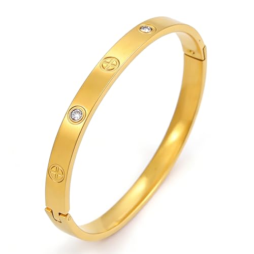 18K Gold-Plated Bracelets for Women Friendship and Love Bangle Cubic Zirconia Stainless Steel Bracelets Waterproof Non-Tarnish Hypoallergenic Layered Stackable Jewelry Birthday or Mothers Day Gifts for Women (Cross Diamond)