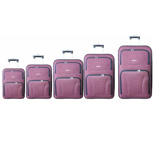 Juego de 5 maletas de viaje tejido semirrígido ruedas giratorias candado combinación cordones interiores bolsillos cremallera maletas blandas ligeras espaciosas resistentes vacaciones rosa polvo